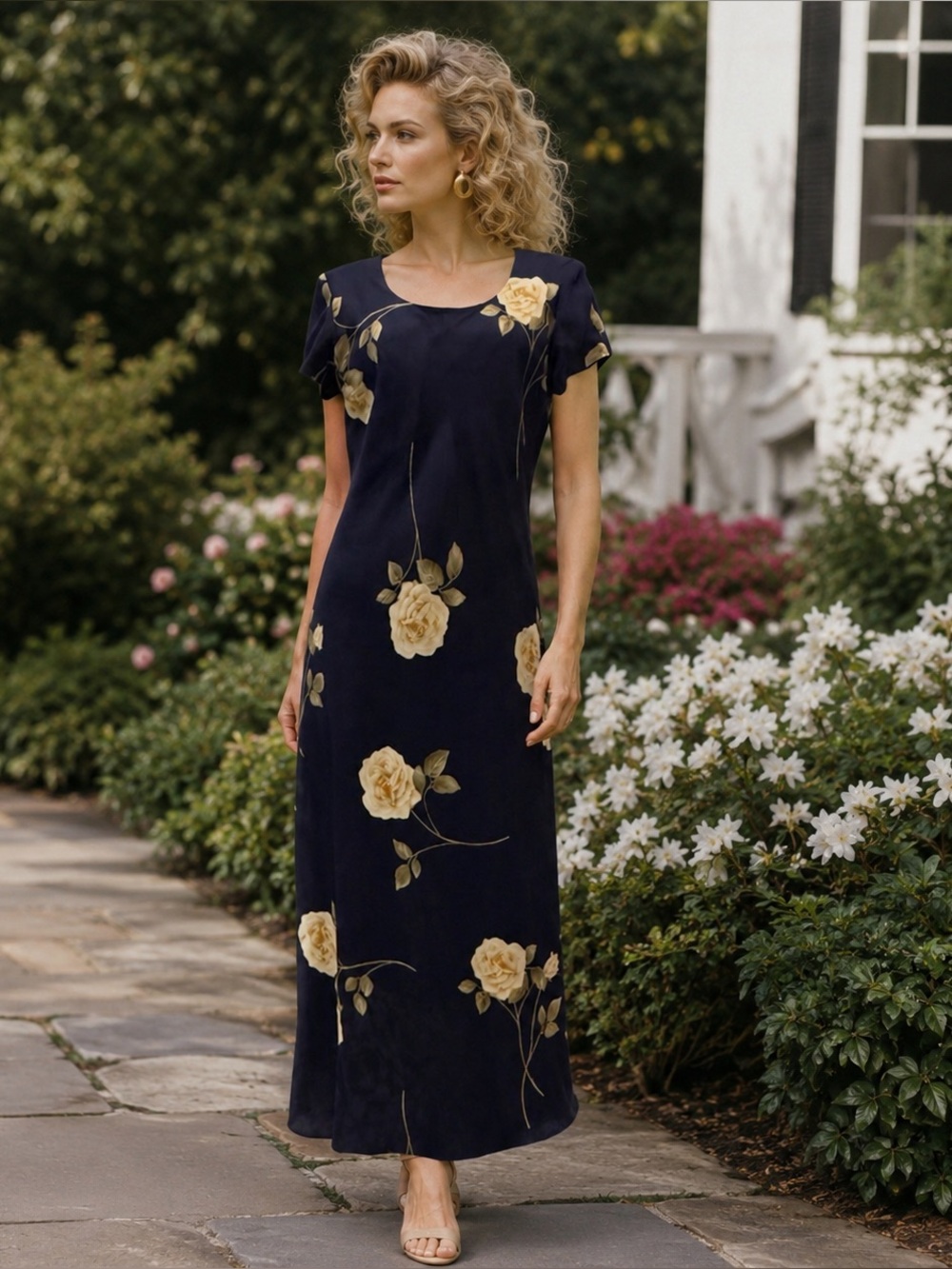 Vintage 90s Y2K Jessica Howard Short Sleeve Maxi Dress Blue Floral Womens Medium